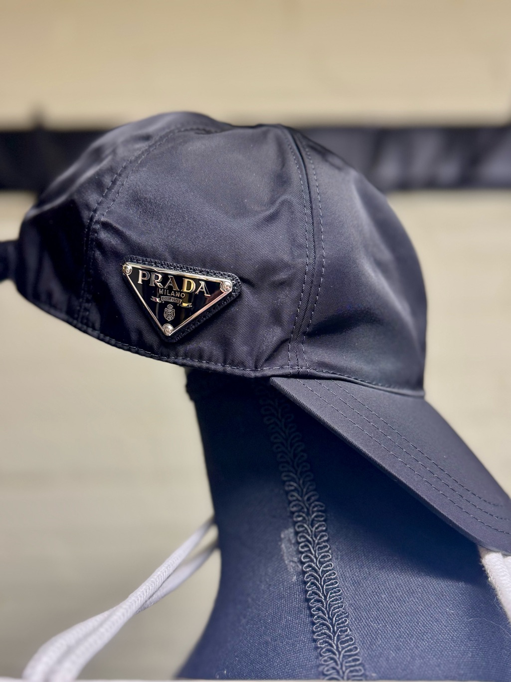 Prada, Women’s Black Nylon Cap With Black & Silver Triangle Logo, Size M